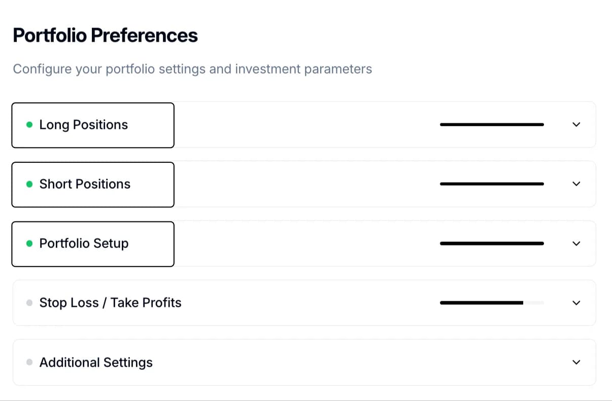 Portfolio Preferences settings with options for long positions, short positions, and portfolio setup.