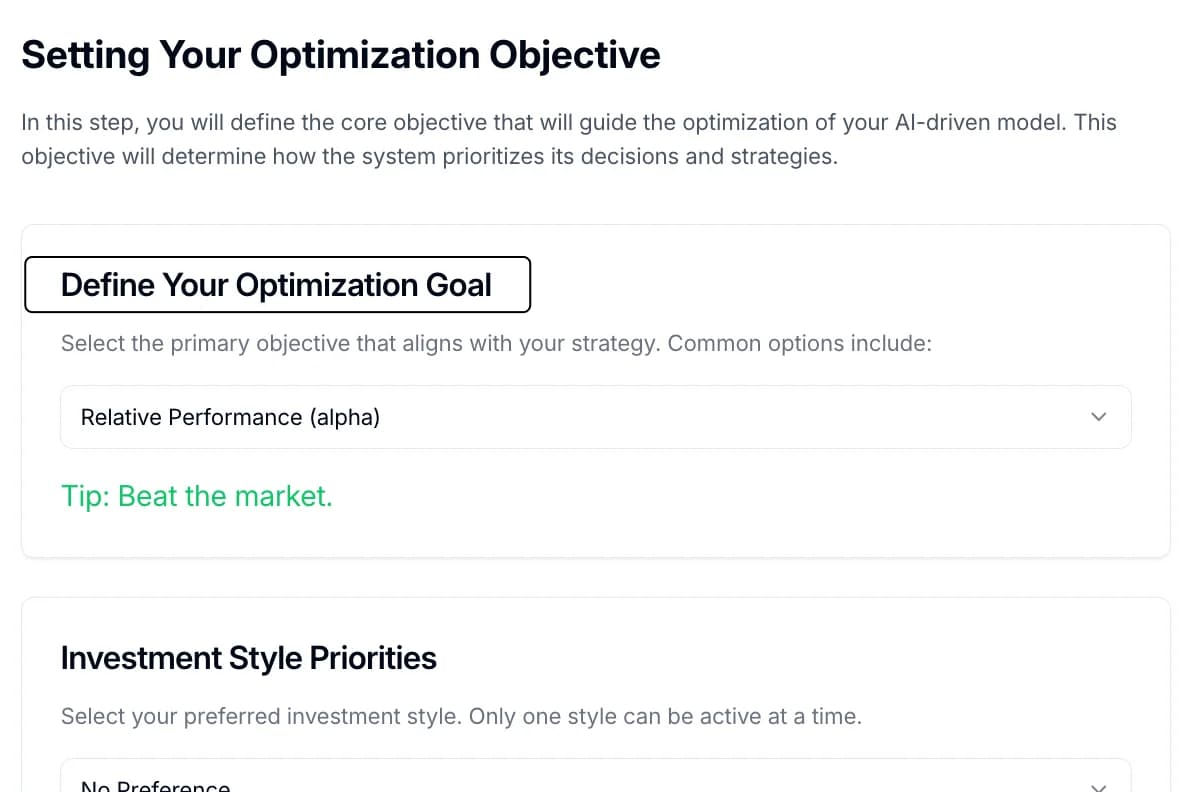 Optimization Objective settings with a dropdown for Relative Performance (alpha) and investment style priorities.
